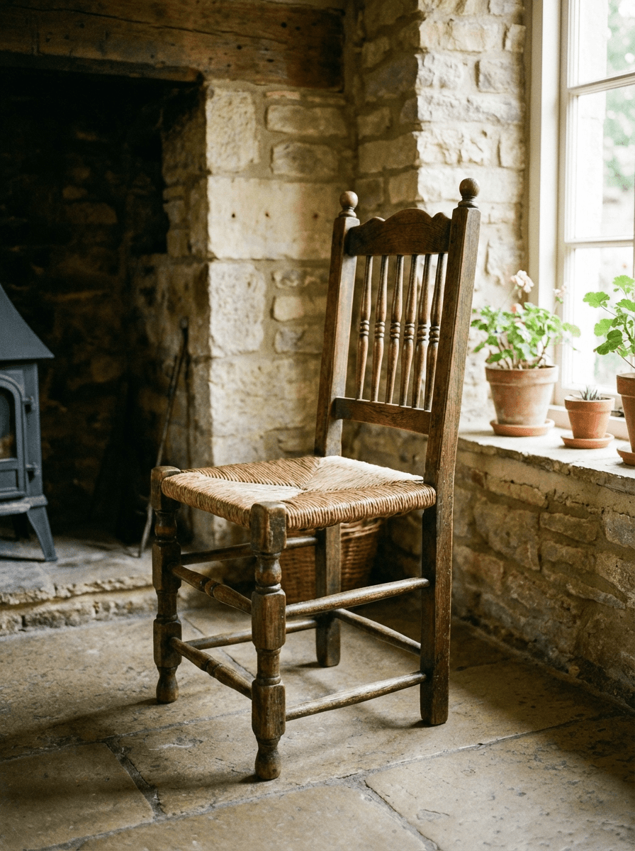 A solitary wooden chair by a stone hearth